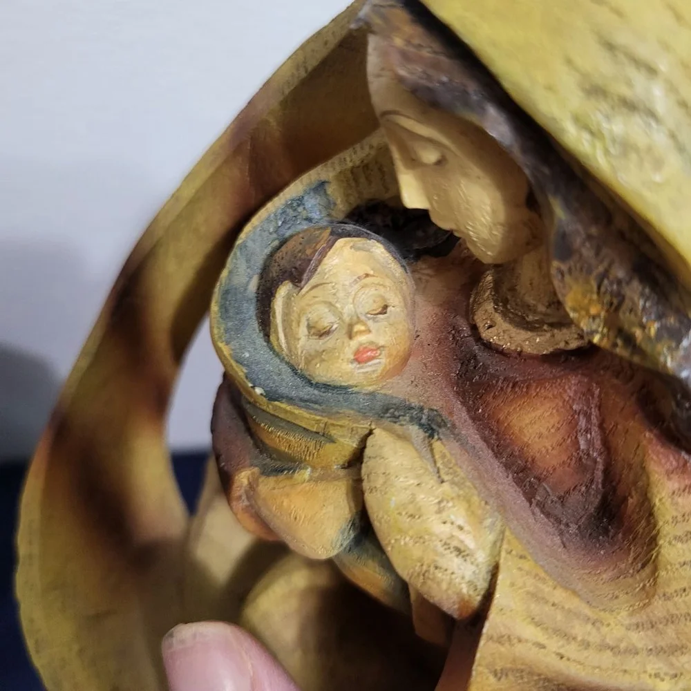 Wooden Virgin Mary Statue, Yellow and‎ Brown